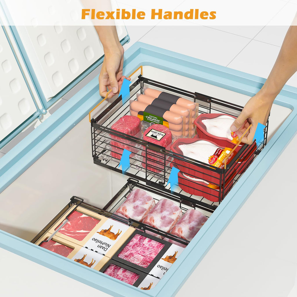 NADAMOO Freezer Organizer Bins, 4 Packs Large Expandable Stackable Chest Freezer Containers with Handle, Metal Adjustable Storage Baskets for Fridge, Deep Freezer, Cabinet, Kitchen, Pantry - Black