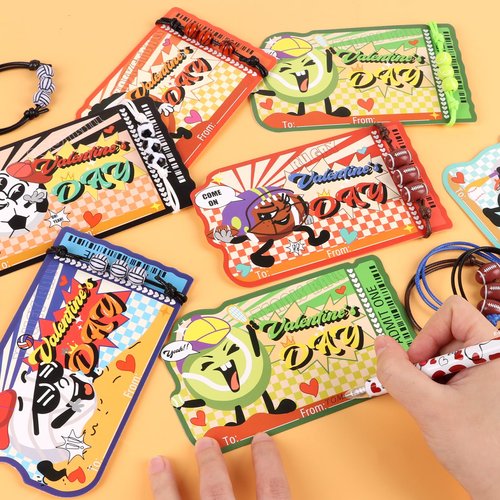CCINEE 24 Pack Sports Valentines Day Gifts Cards with Bracelets for Classroom Prizes School Rewards Exchange Gifts Valentines Party Favors