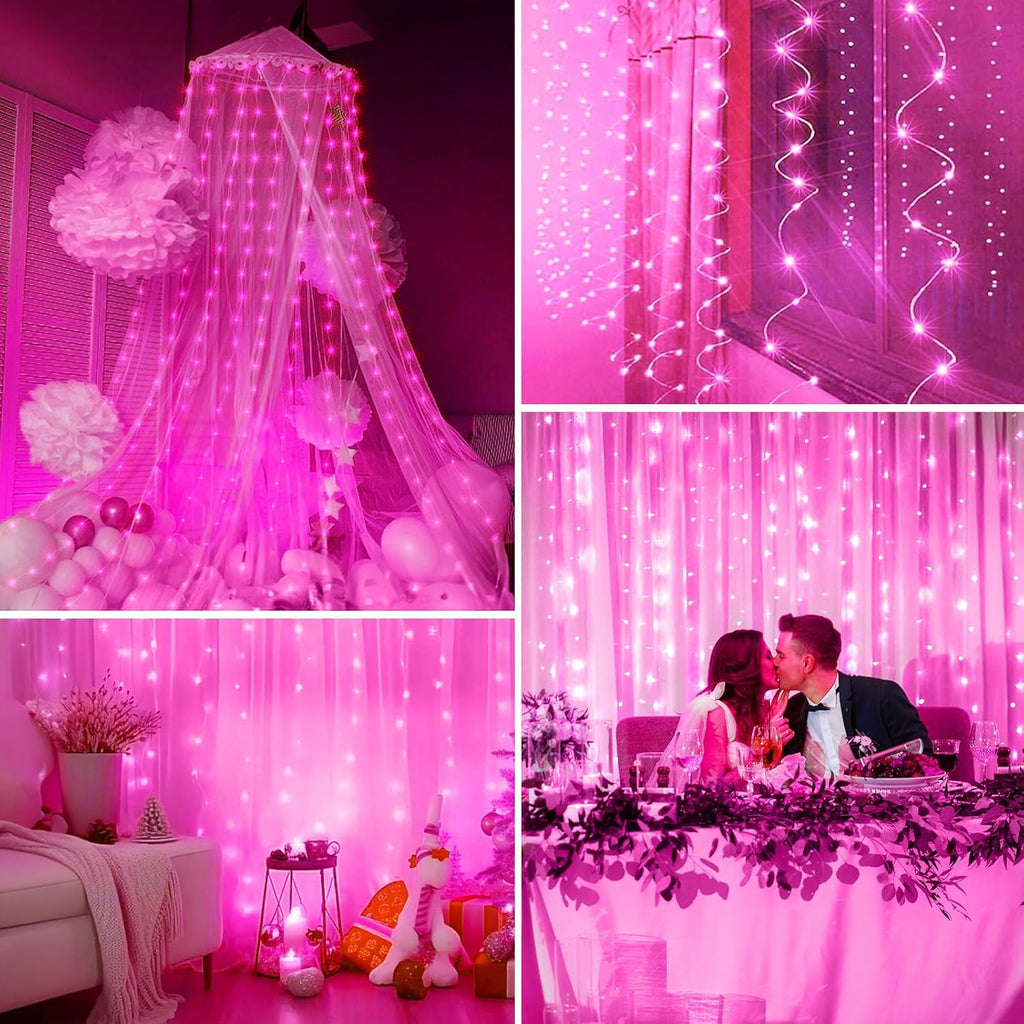 Minetom 300 LED Curtain Lights - Dimmable Fairy String Lights with Remote & Timer | Pink Indoor Decor