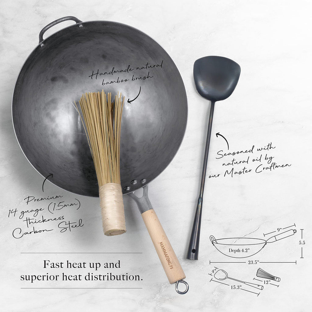 Mammafong Traditional Hand Hammered Round Bottom Carbon Steel Pow Wok Set with Wok Spatula and Bamboo Brush (14 inch wok set with wok accessories)…