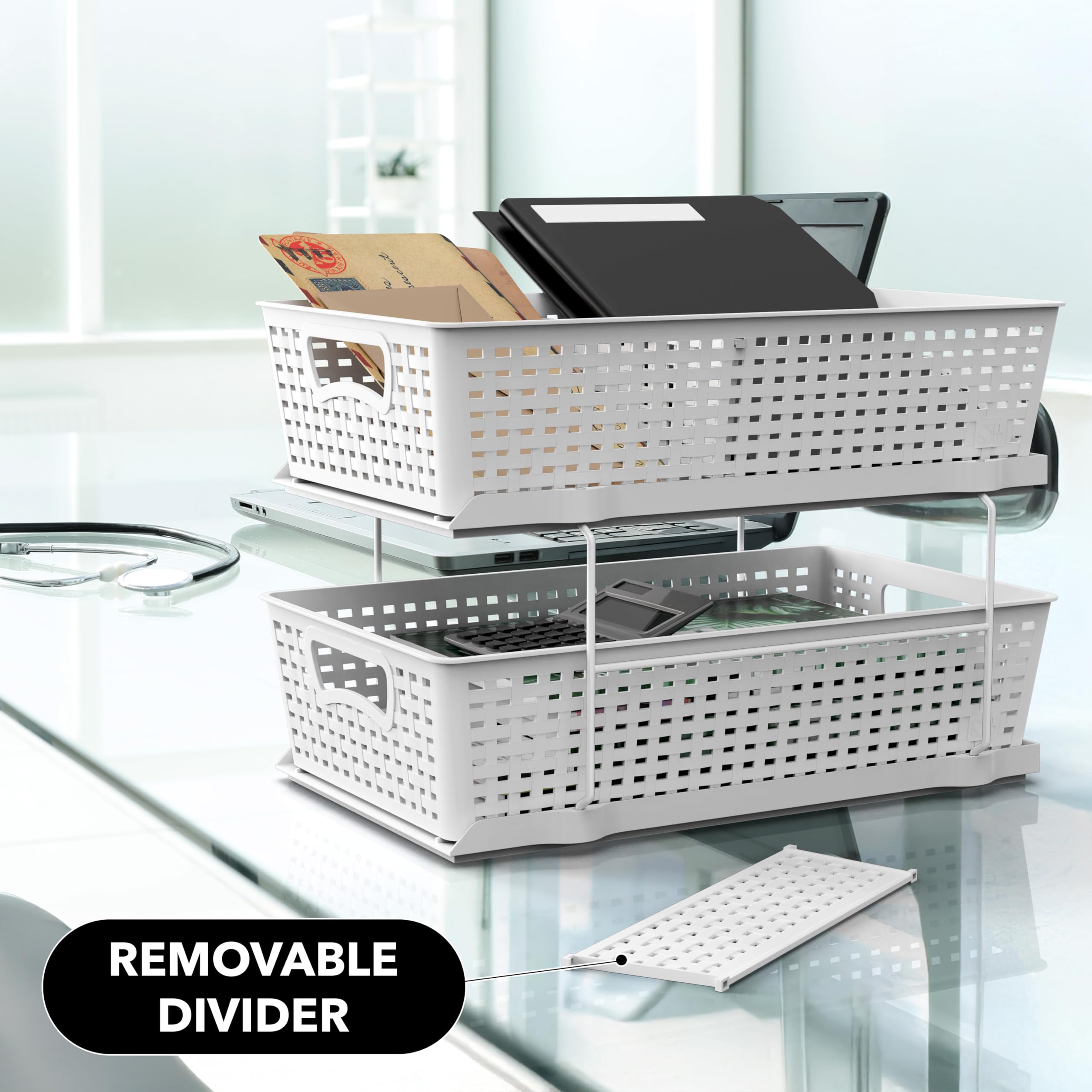 Simple Houseware 2 Tier Bathroom Organizer Tray Pull-Out Sliding Drawer, Under Sink Storage, White