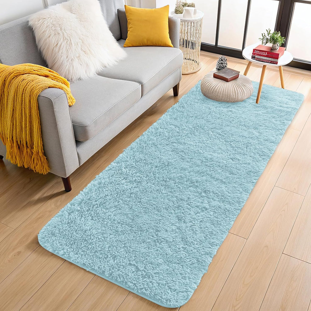 OLANLY 2x8 Machine Washable Runner Rug - Soft Fluffy Shaggy Indoor Carpet for Bedroom & Hallway | Light Blue Decor