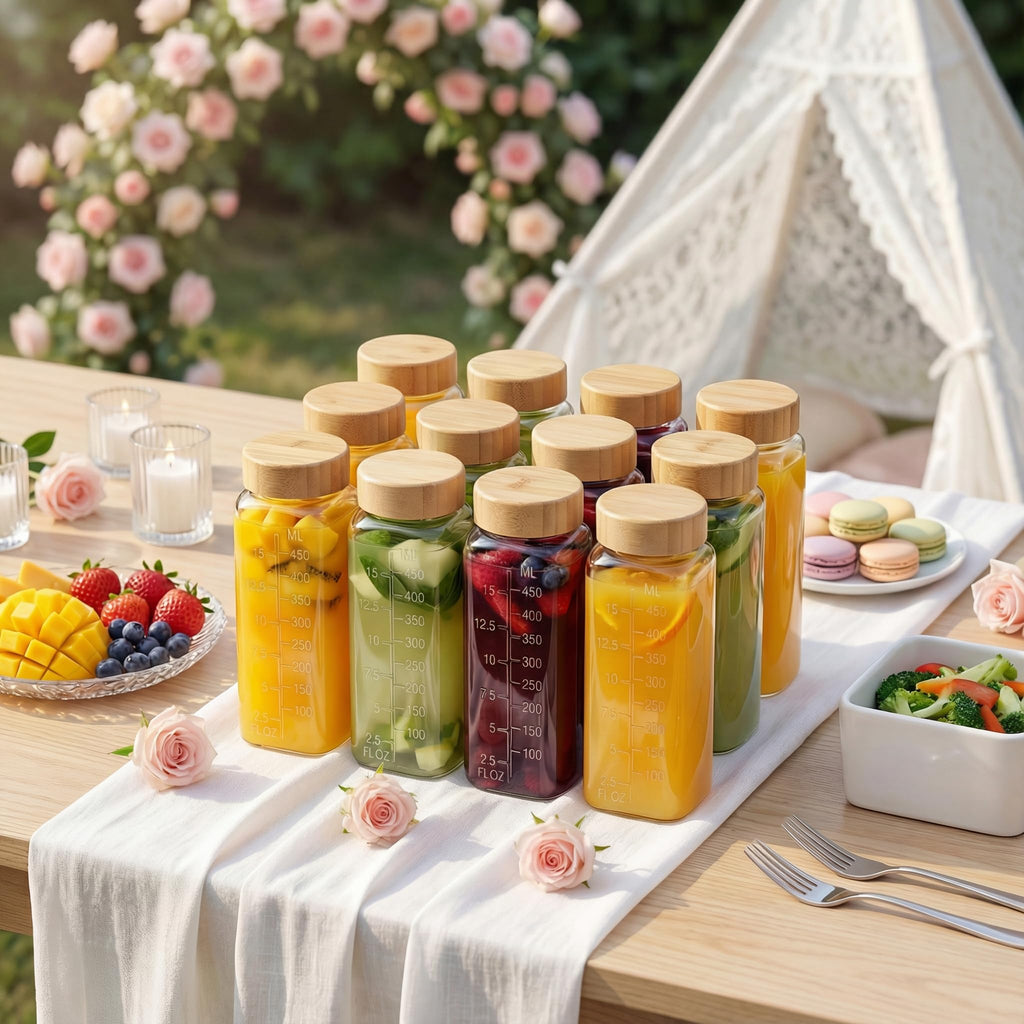 HomArtist 16oz Square Glass Juice Bottles with Lids, 6 Pack Reusable Juice Containers with Bamboo Lids, Glass Juicing jars with 4 Straws & 2 Airtight Lid with Hole for Drinking