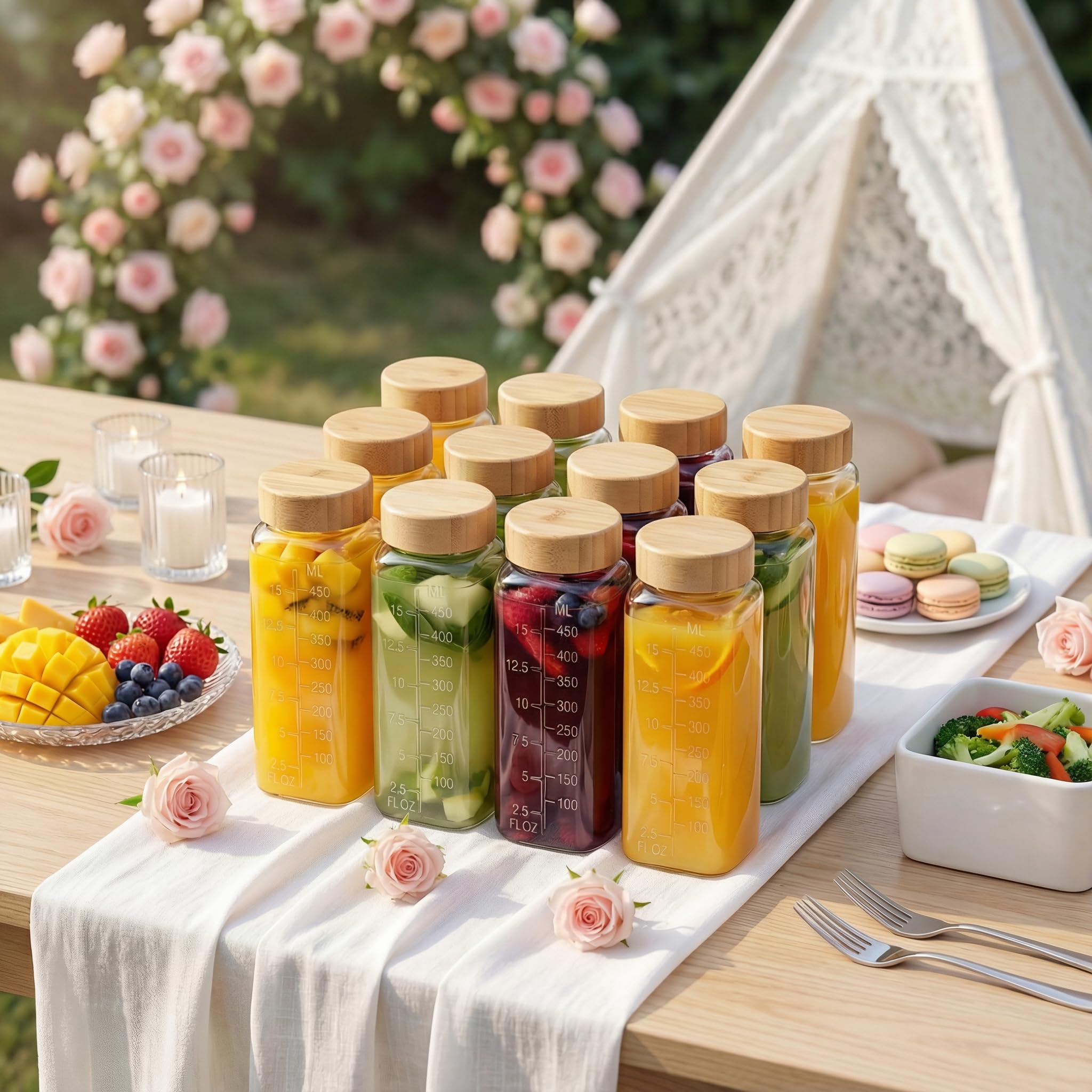 HomArtist 16oz Square Glass Juice Bottles with Lids, 6 Pack Reusable Juice Containers with Bamboo Lids, Glass Juicing jars with 4 Straws & 2 Airtight Lid with Hole for Drinking