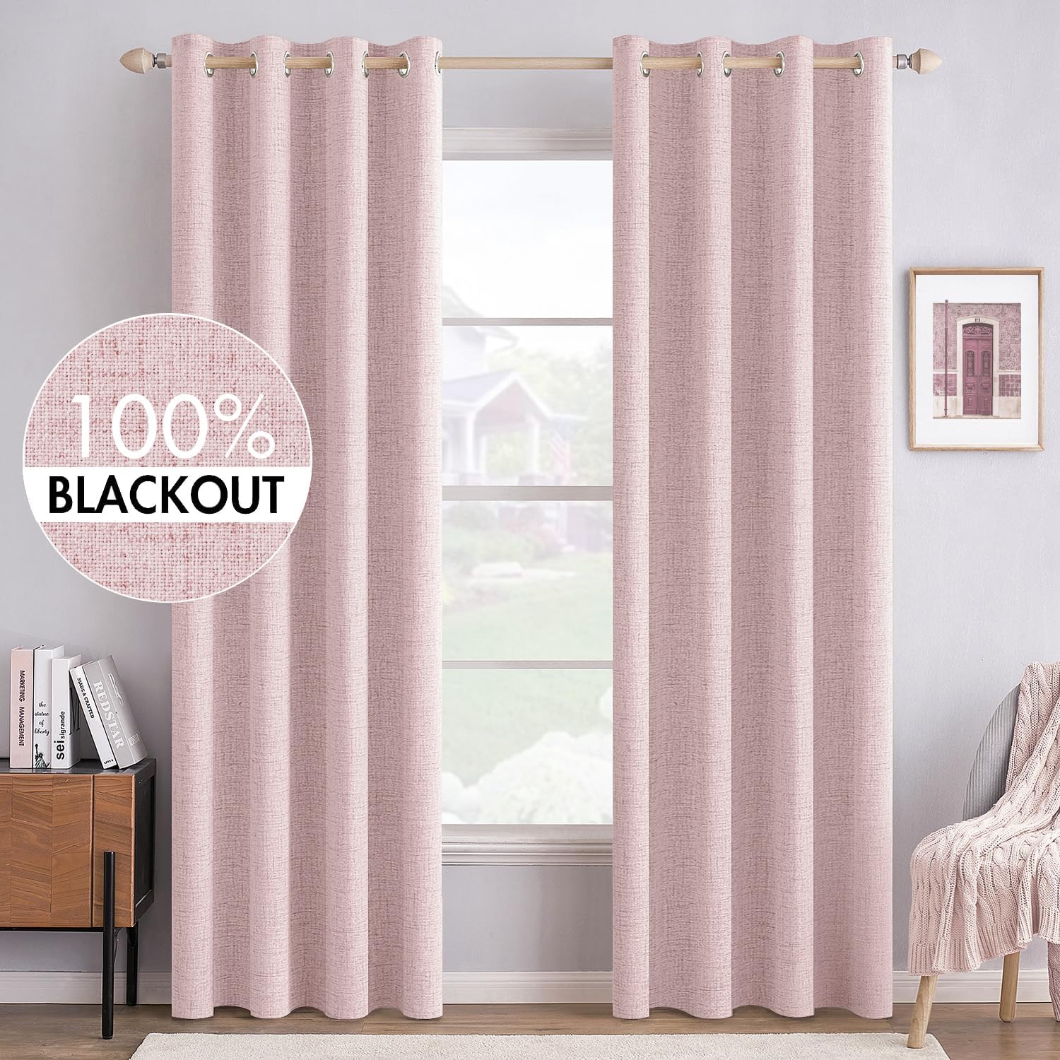 MIULEE Blackout Curtains - 100% Thermal Insulated Linen Texture | Pink Room Darkening Drapes 52x84 Inch (2 Panels)