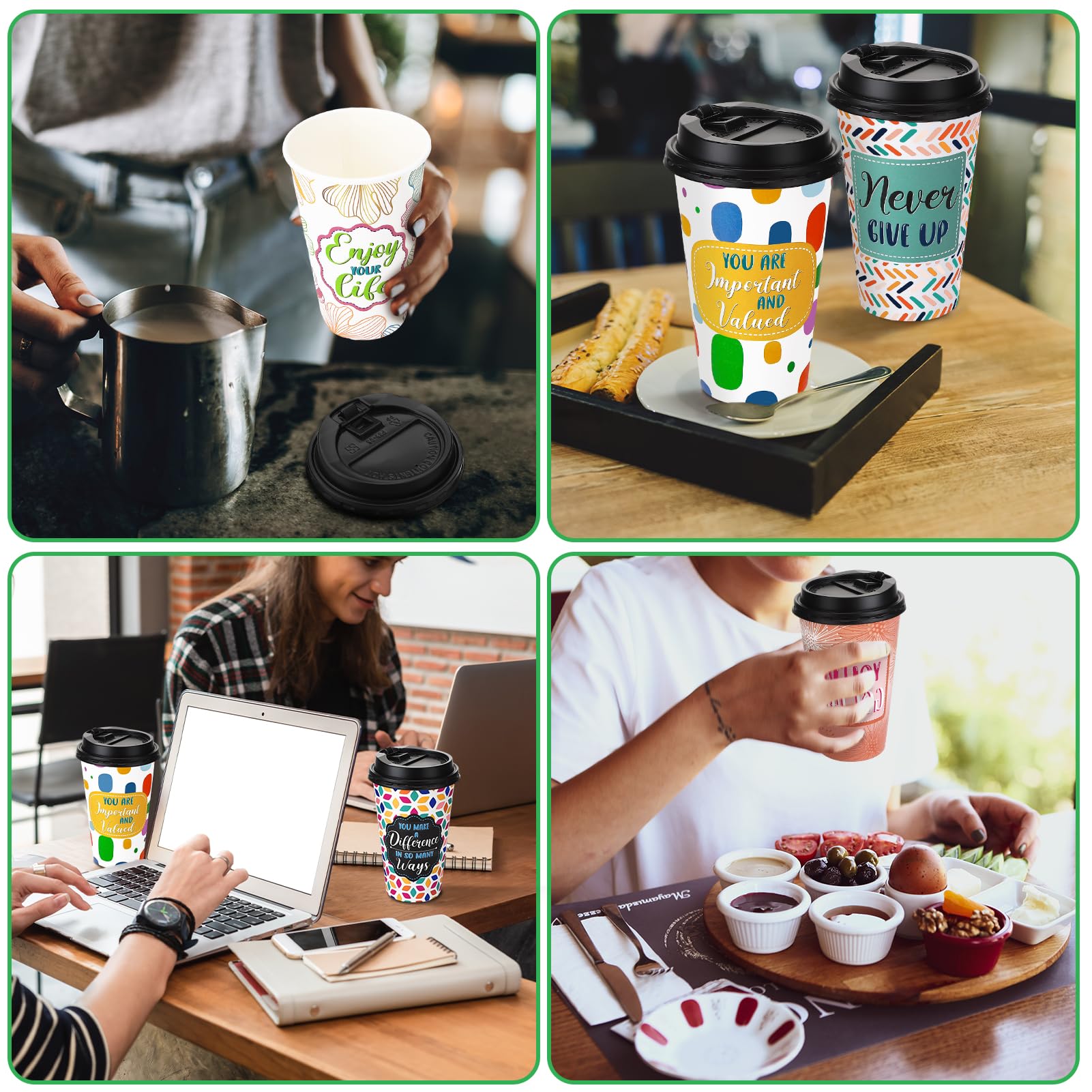 Ovveroche 50 Pack 16 oz Disposable Coffee Cups with Lids,5 Motivational Encouragemen Positivity Paper Hot Cups for Hot and Cold Beverages,Coffee,Tea,Water,Juice