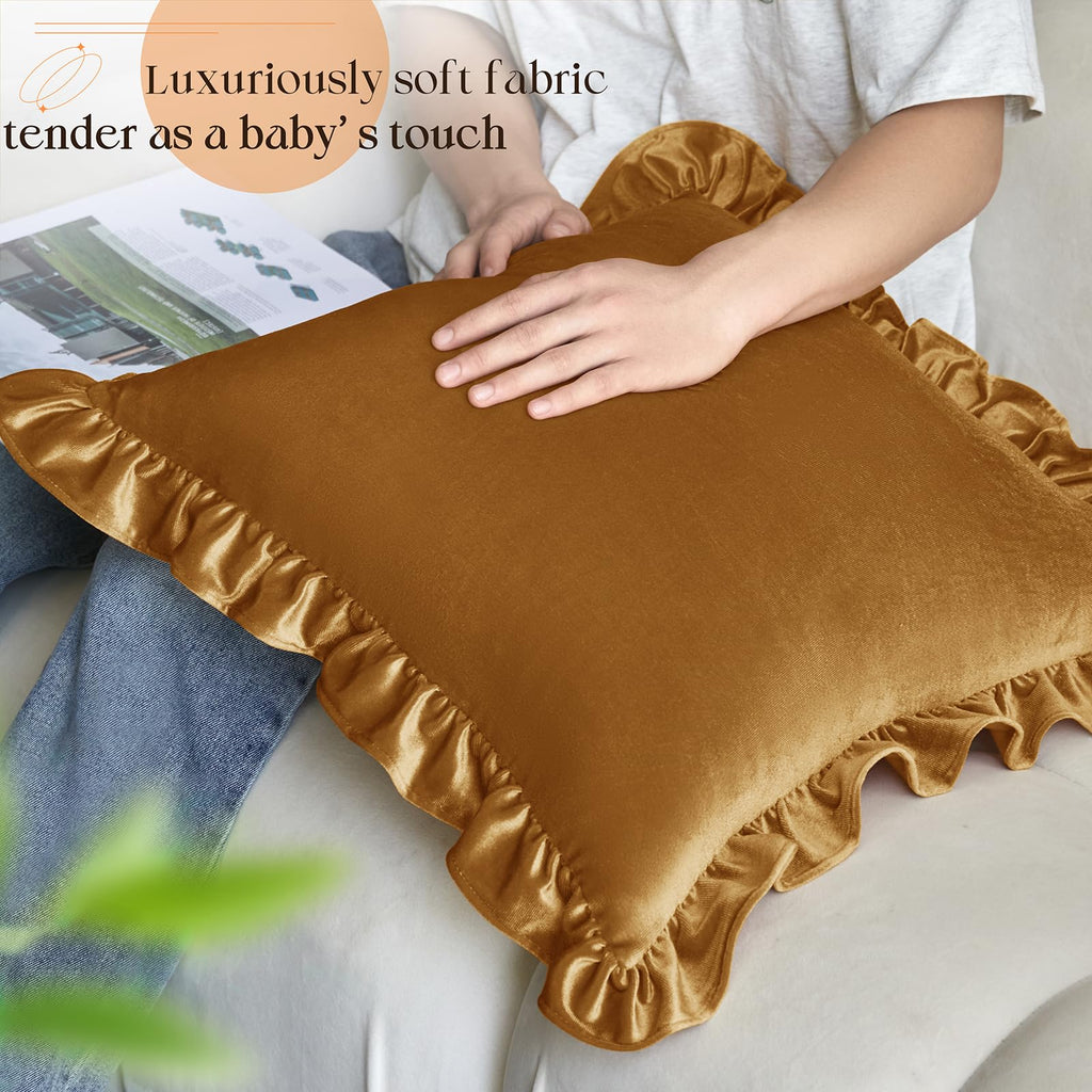 KKJIAF Gold Velvet Throw Pillow Covers 18 x 18 Inch Set of 2, Ruffle Euro Pillow Shams Velvet Square Pillow Case for Sofa Bedroom Couch Decorative