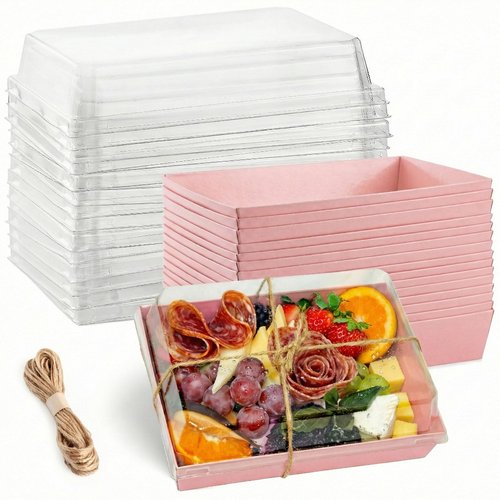 Leafiew 50 Pack 7x5 Inches Charcuterie Boxes with Clear Lids - Individual To Go Paper Charcuterie Board with Lid, Disposable Food Containers for Desserts, Cookie, Food, Charcuterie Accessories,Pink