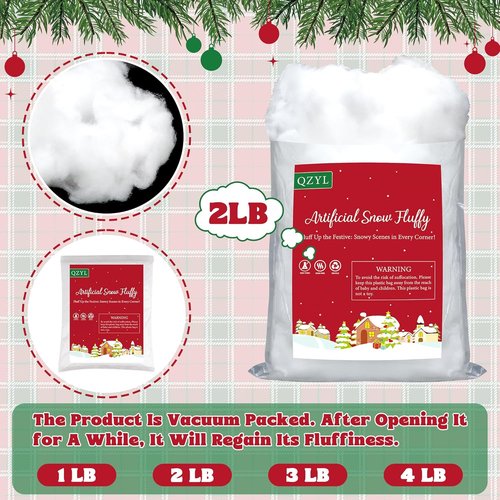 Artificial Fake Snow by [Brand Name] - 2LB Vacuum-Packed White Cotton for Christmas Decorations | Fluffy Indoor Faux Snow