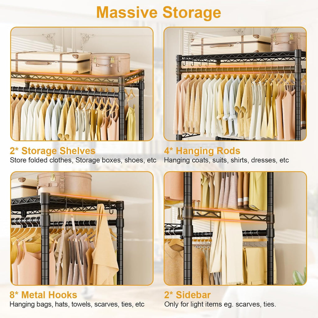 ULIFHOME Heavy Duty Rolling Clothes Rack - Portable Free Standing Garment Rack with Wheels, Black 45"W × 20.5"D × 80.5"H, Max Load 570 lbs