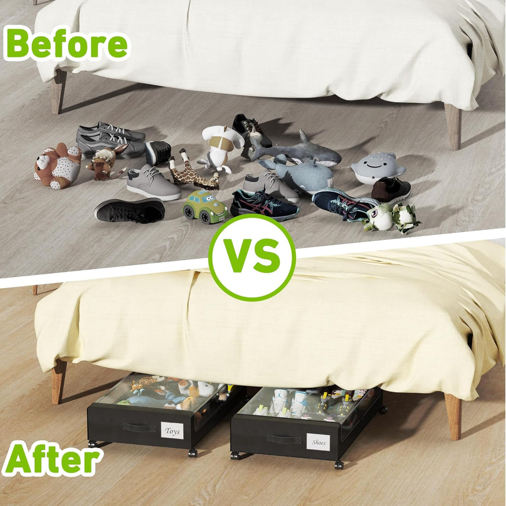 Tututry Under Bed Storage Bins - XXL 60L Rolling Containers with Lids & Labels | 2-Pack Black for Shoes, Clothes, Toys