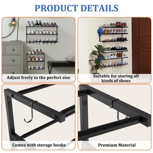 2 Pack Wall Mounted Shoe Rack, 3 Tier Hanging Shoe Rack Holds 24 Pairs, 17"-30"Adjustable Heavy Duty Shoe Organizer Holder with 4 Storage Hooks, Space Saving for Closet Entryway, Black, Patent Pending