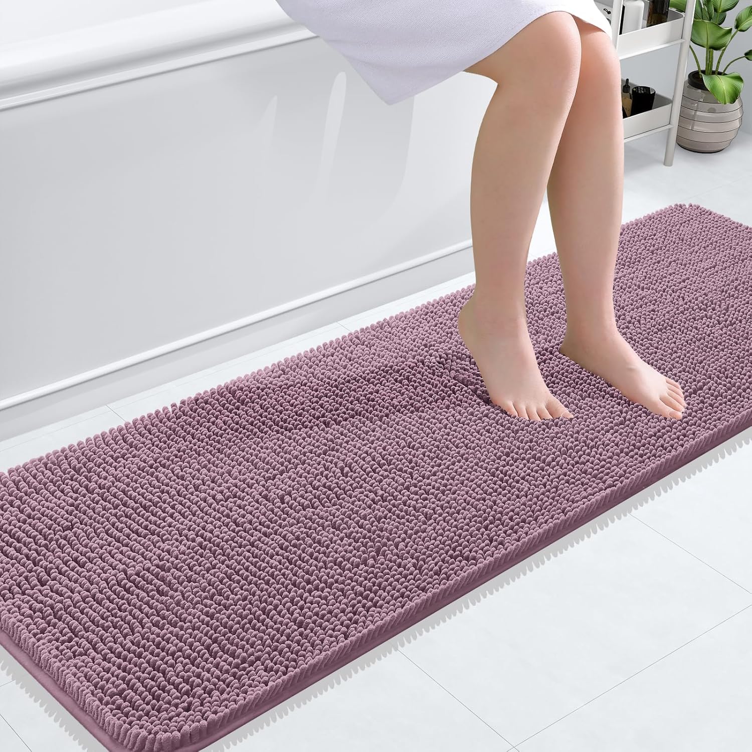 OLANLY Bathroom Runner Rug - Soft Absorbent Chenille with Rubber Backing | Quick Dry, Machine Washable, 59x20, Deep Plum