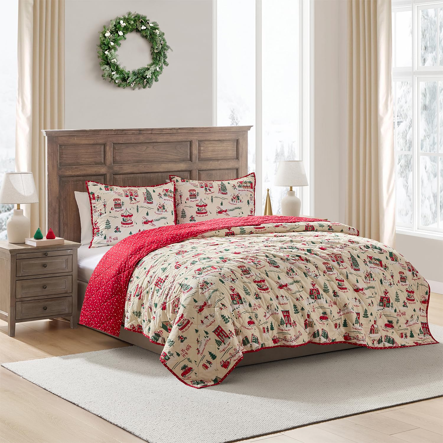 Hallmark King Size 3-Piece Holiday Quilt Set with Shams | Reversible Quilt with 2 Christmas Patterns | Lightweight & Cozy | Super Soft Microfiber Fabric | Wrinkle-Resistant | Multi Christmas Village