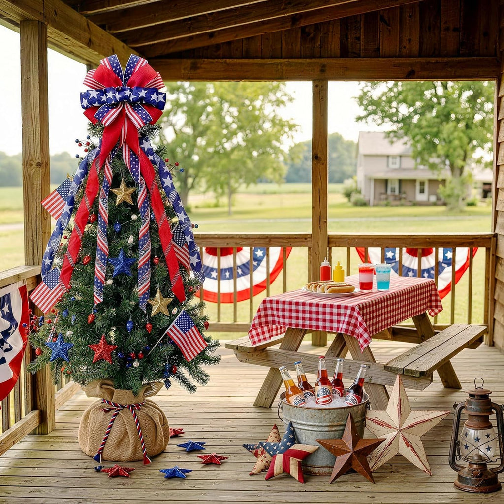 Patriotic 4th of July Tree Topper Bow by [Brand Name] - Pre-Tied 52x13 Inch Ribbon for Wreaths & Decor | Red, Blue, White