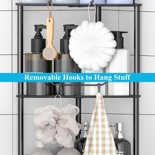 HuggieGems Corner Shower Caddy Organizer - 5 Tier Floor Standing Shelf with Hooks, Matte Black Finish