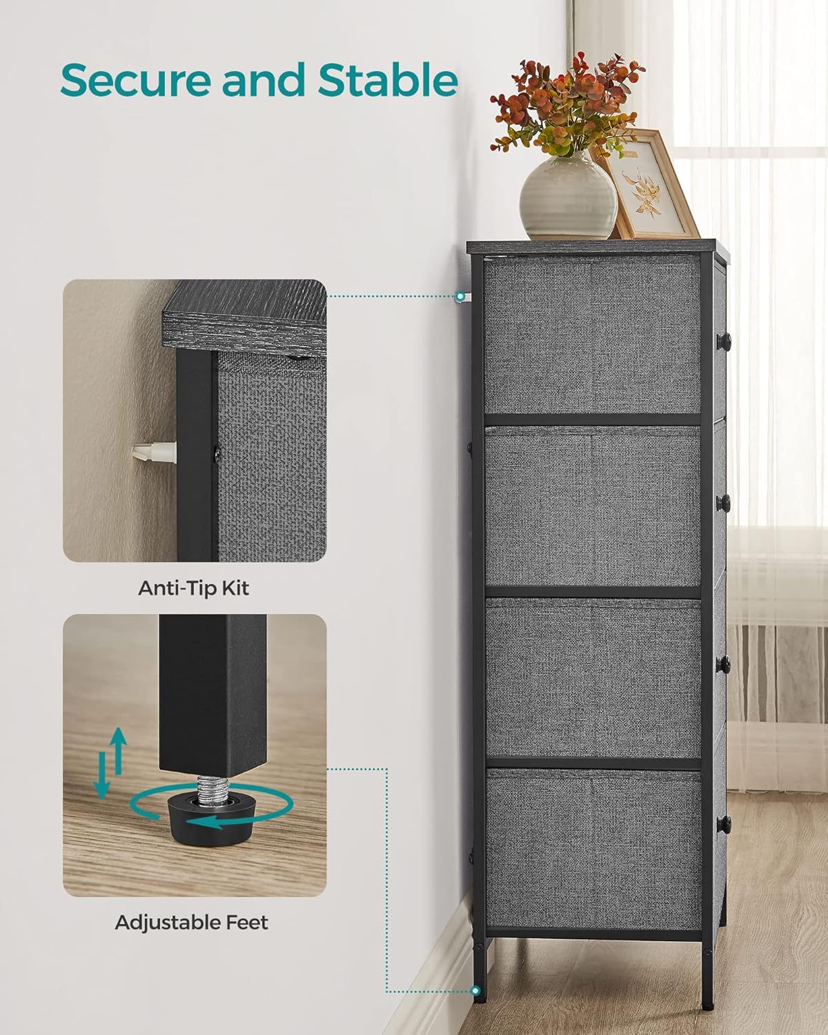 SONGMICS Fabric Dresser - 4 Drawer Small Chest with Metal Frame | Gray and Black Wood Grain Finish