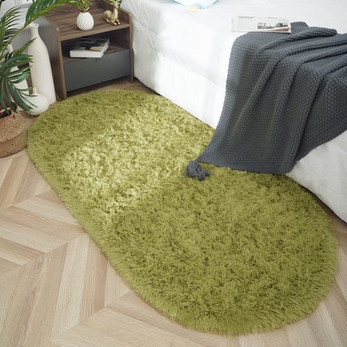 ISEAU Oval Fluffy Rug Carpets, Modern Plush Shaggy Area Rugs for Kids Bedroom Extra Comfy Cute Nursery Mat Bedside Rug for Boys Girls Room Home Decor Mats, 2.6 x 5.3ft, Green