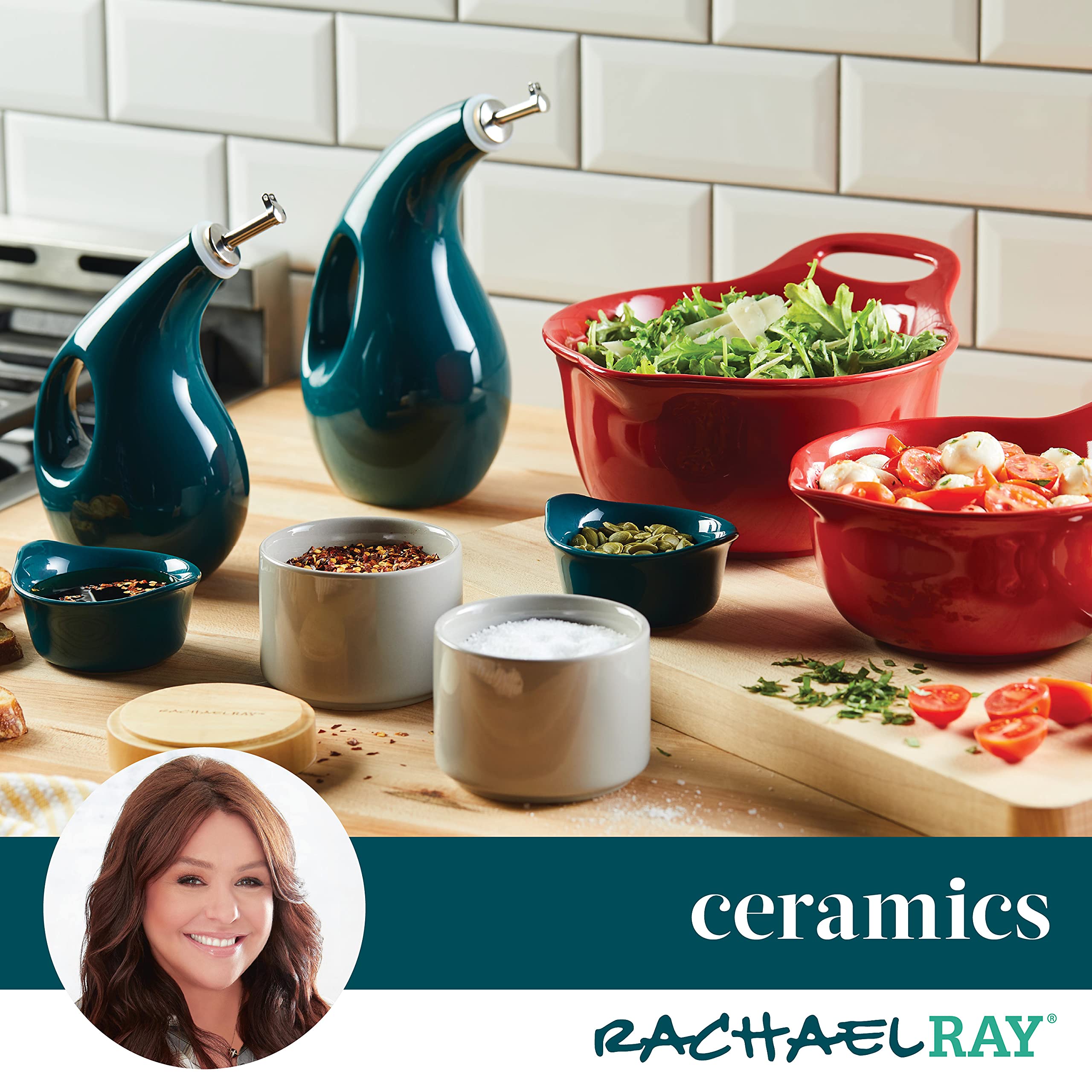Rachael Ray Ceramics Stacking Spice/Seasoning Box Set with Lid, 2 Piece, Teal