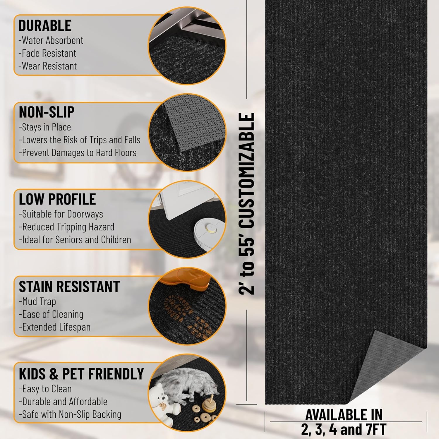 Ottomanson Hallway Runner Rug - Durable Non-Slip Mat for Indoor & Outdoor Use | 2' x 6' Black Carpet
