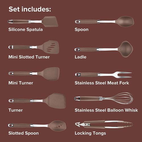 Anolon Tools Set/Nonstick Nylon Cooking Utensils/Kitchen Gadgets Includes Spoons, Turners, Ladle, Meat Fork, Whisk, and Locking Tongs, 10 Piece, Bronze