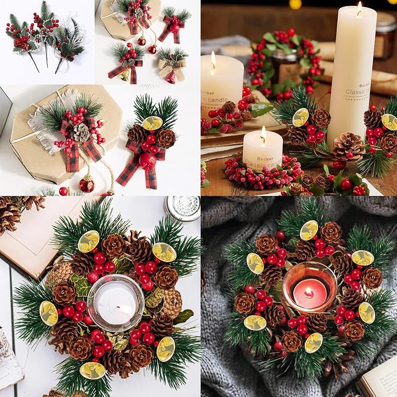 Christmas Floral Picks with Jingle Bells, 25 Pcs Pine Cone & Red Berry Sprigs for Wreaths & Decor