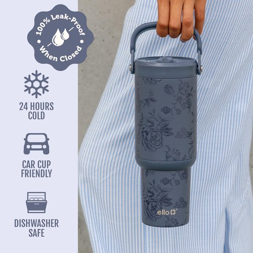 Ello Oasis Go+ 26oz Tumbler with Top Handle and Retracting Straw | Reusable Insulated Stainless Steel Cup, 100% Leakproof Water Bottle, 24 Hours Cold, Cup Holder Friendly For Travel | Rose Navy