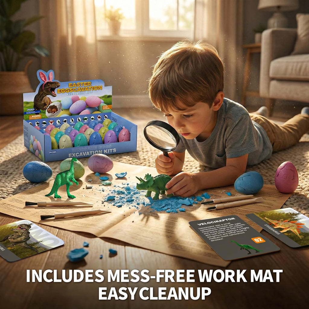 Skiennix Dinosaur Eggs Excavation Kit - 24 Colorful STEM Science Toys with Learning Cards for Kids Age 3+ | Perfect for Easter Baskets and Birthday Parties