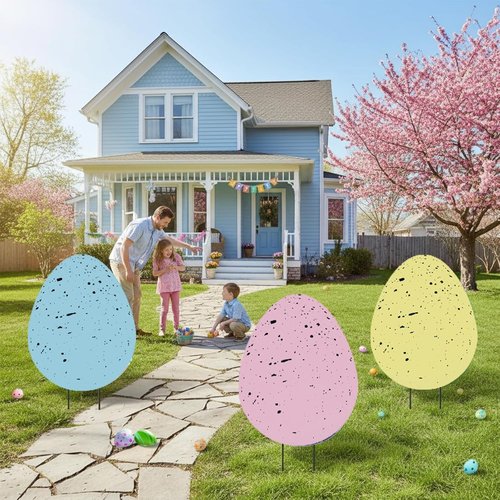 DoubleFill 3 Pcs Easter Decorations - 3D Metal Tulip & Bunny Yard Signs for Spring Garden Decor