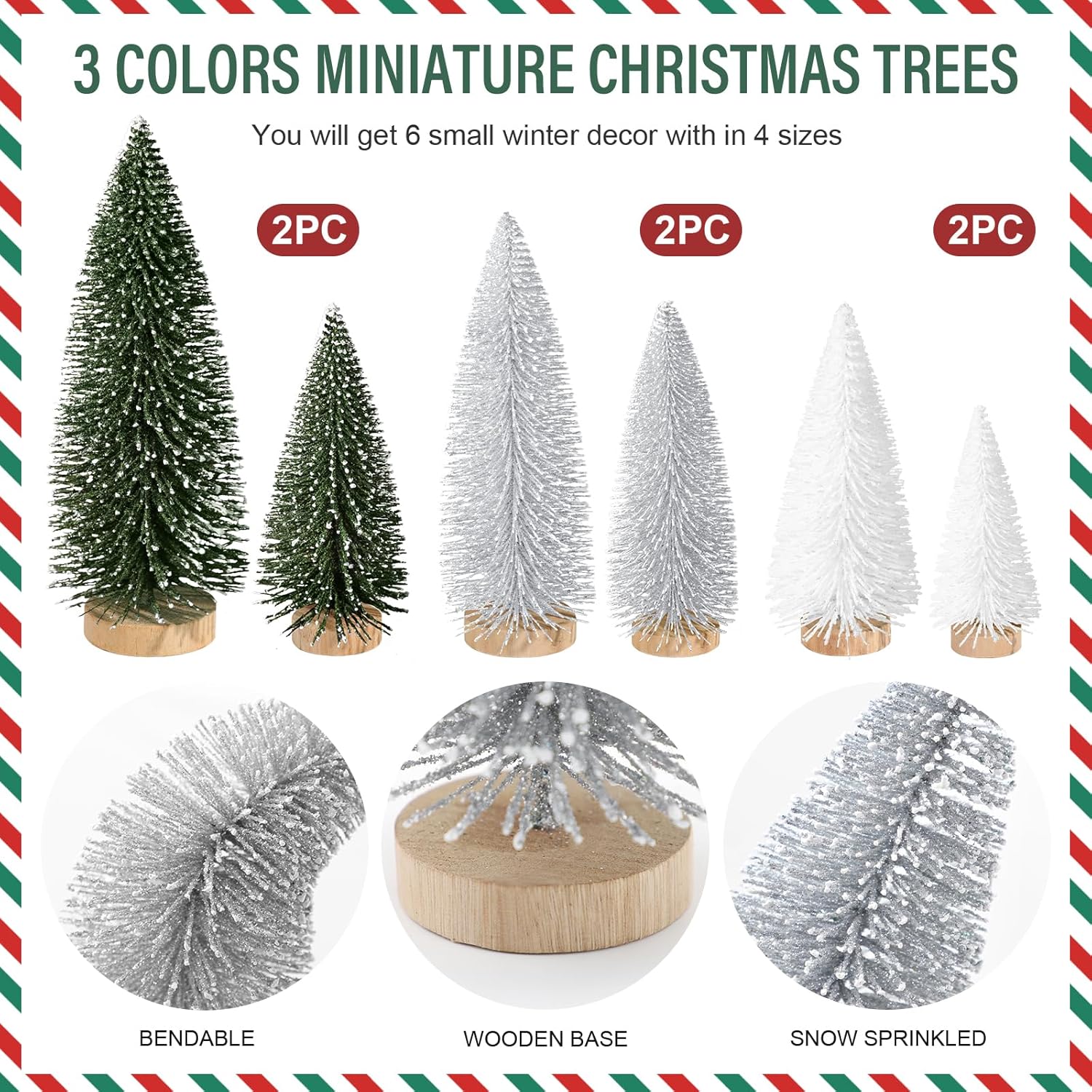 Skiennix Mini Christmas Trees - 6pcs Bottle Brush Decorations for Indoor/Outdoor Holiday Decor | Green, Silver, White