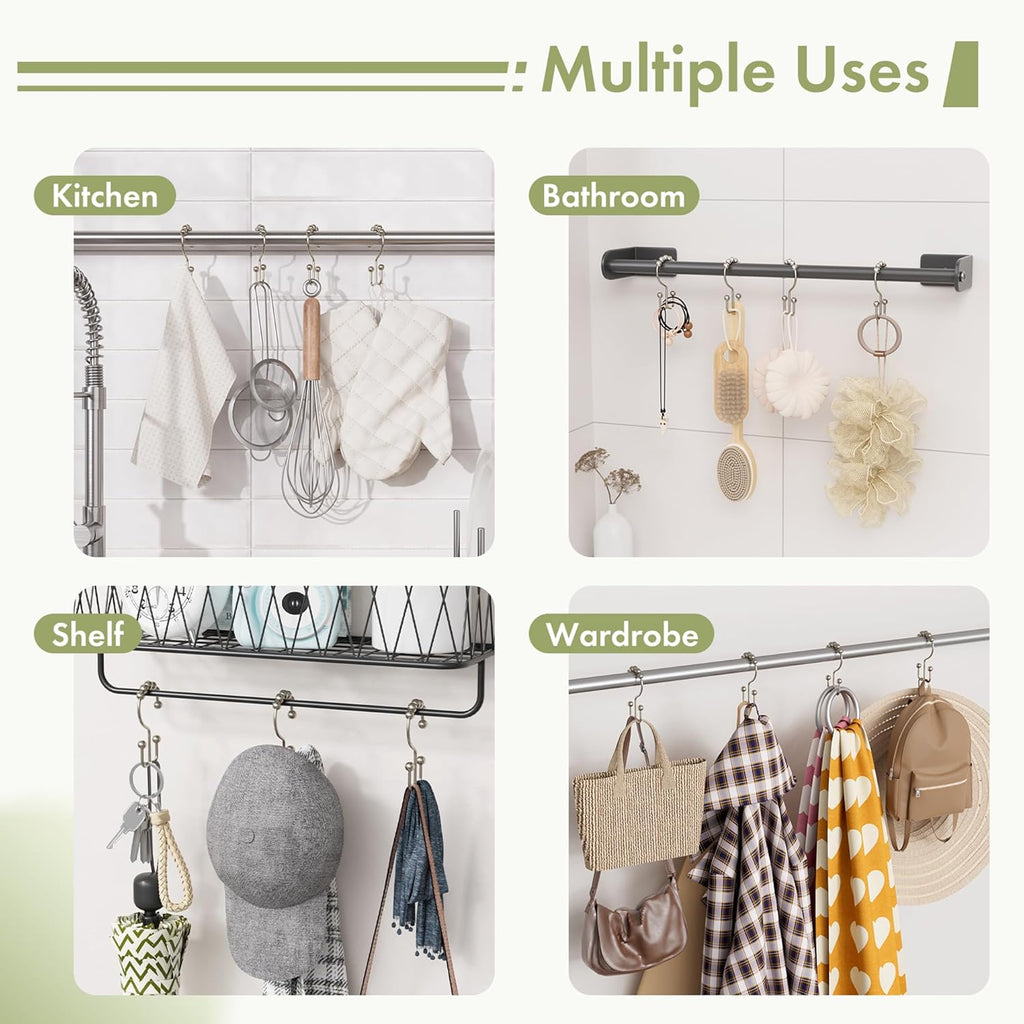 Amazer Shower Curtain Hooks - 12PCS Rust-Resistant Metal Double Rings for Easy Curtain Rolling | Nickel Finish