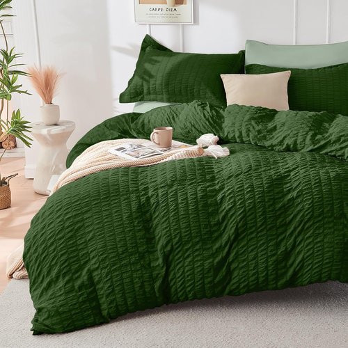 HYMOKEGE Full Size Comforter Set - Dark Green & Sage Green Seersucker | 7-Piece All-Season Luxury Bedding Set