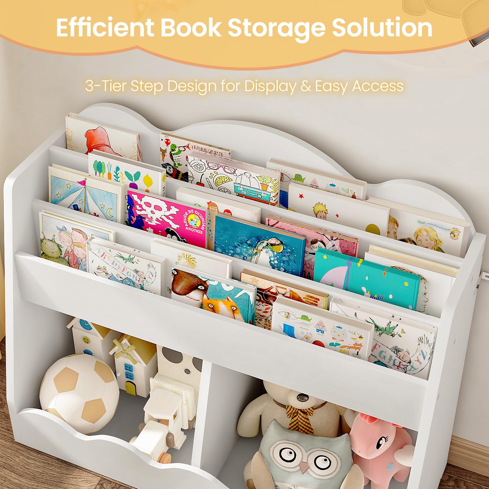 CHOEZON Kids Bookshelf and Toy Storage, Children's Bookcase with 2 Toy Cubes, Toddler Book Shelf for Kids Room, Wooden Book Organizer, for Playroom, Nursery, Living Room, White MCW15WB