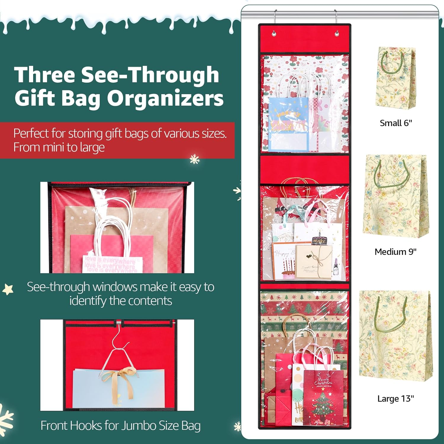 Woodoulogy Hanging Gift Wrapping Paper Storage - 40x17 Black Organizer & 63x13 Red Over-Door Bag