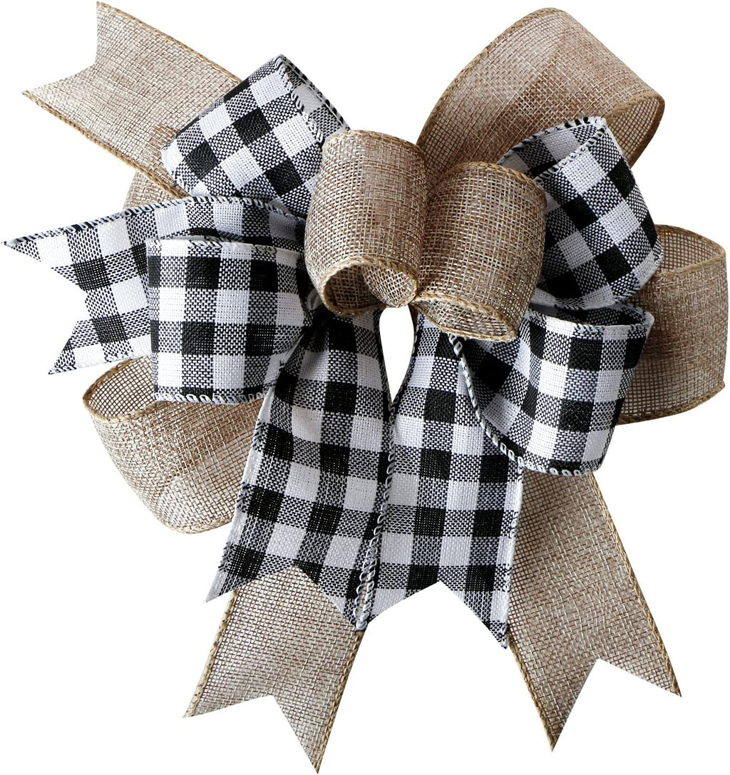SIMISI Ribbon Buffalo Plaid Bow - Black & White Burlap Wreath Decor (9.5 x 13 Inch)