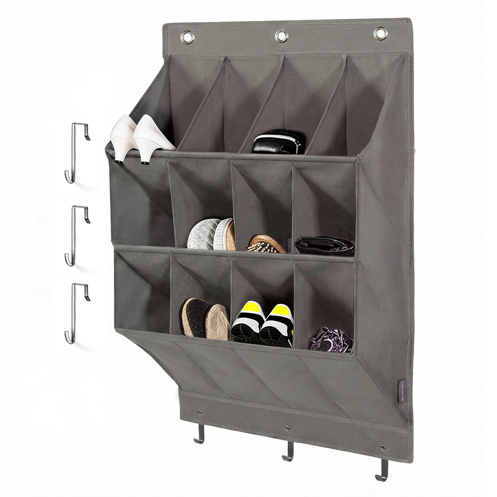 NELLHOMY Over the Door Shoe Organizer, Grey 12 Pockets Hanging Shoe Storage Rack with Large Deep Pockets, Oxford 600D Fabric Shoe Storage Rack with 6 hook for Shoes, Home Accessories etc