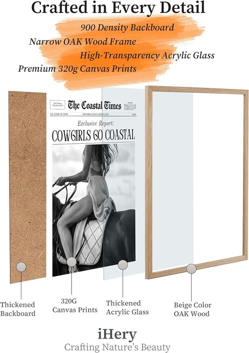 iHery Framed Cowgirls Go Coastal Canvas Wall Art - Natural Oak Wood 12x16in for Trendy Bedroom Decor