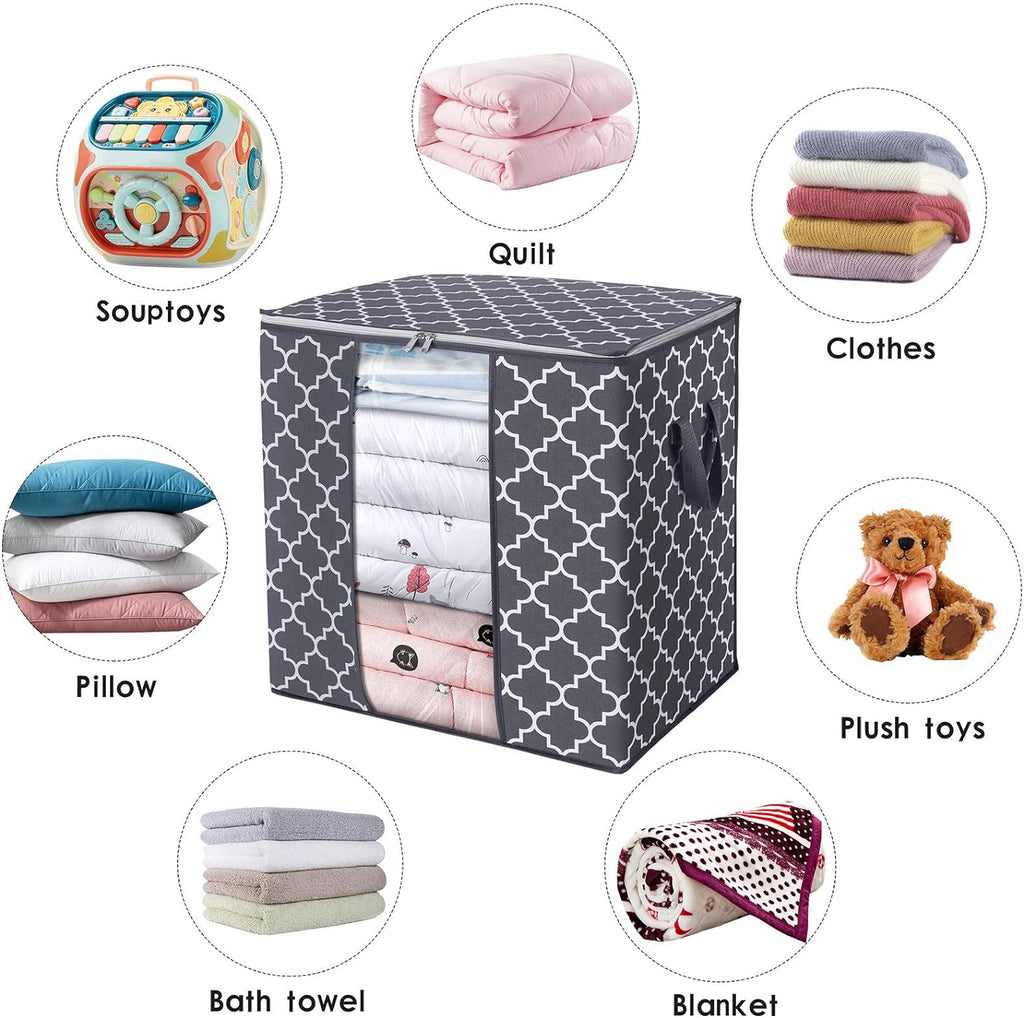 WISELIFE Storage Bags - 4 Pack 100L Large Blanket and Clothes Organizers | Foldable with Reinforced Handles, Clear Window, Gray