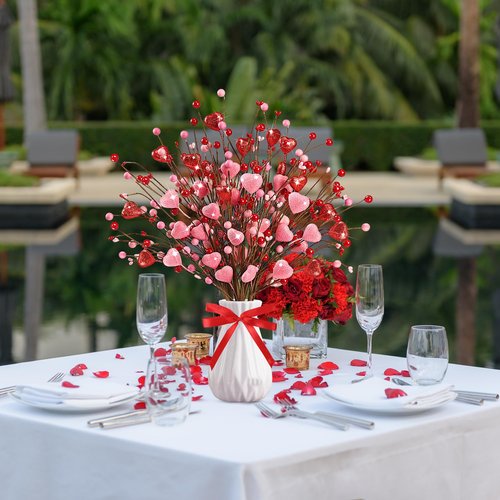 Valentine’s Day Gifts 12 Pcs Glittery Heart Shaped Berry Picks Shining Artificial Red Heart Berry Twig Stem Branches with 2 Rolls of Ribbon for Valentine’s Day Anniversary Bouquets Wedding Home Decor