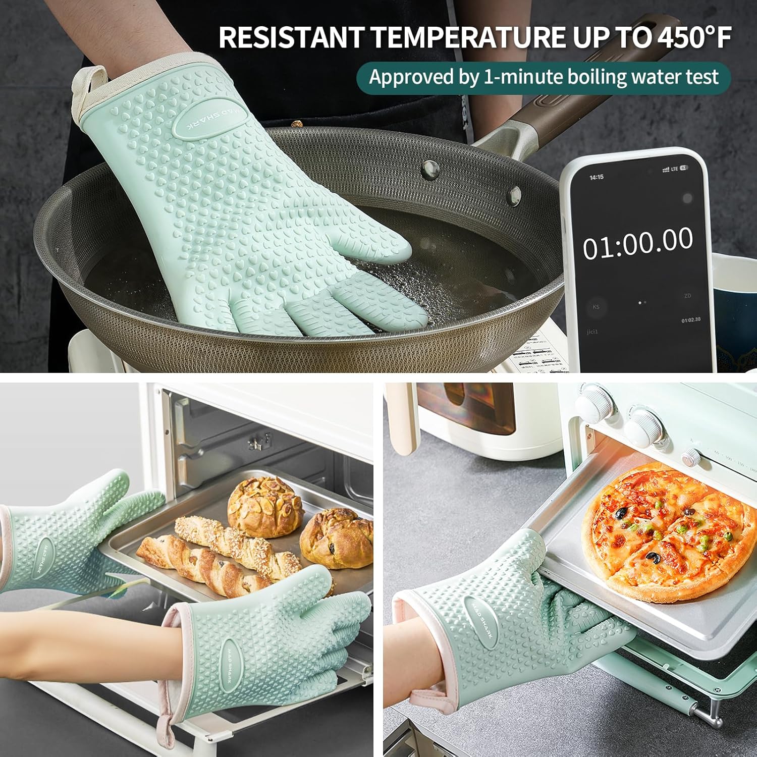 MAD SHARK Silicone Oven Mitts - Heat Resistant 450°F, Waterproof & Non-Slip Kitchen Gloves | Green
