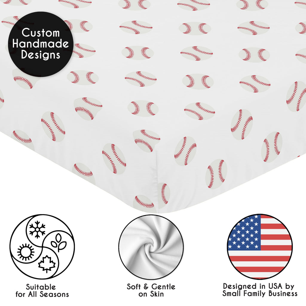 Sweet Jojo Designs 2-Piece Baby Crib Sheets Set (Red and White Baseballs) for Boys, Infant Nursery, Toddler Room - Fitted, Standard Size (Sport, Americana, Classic, Athlete, Sports Theme, Base Ball)