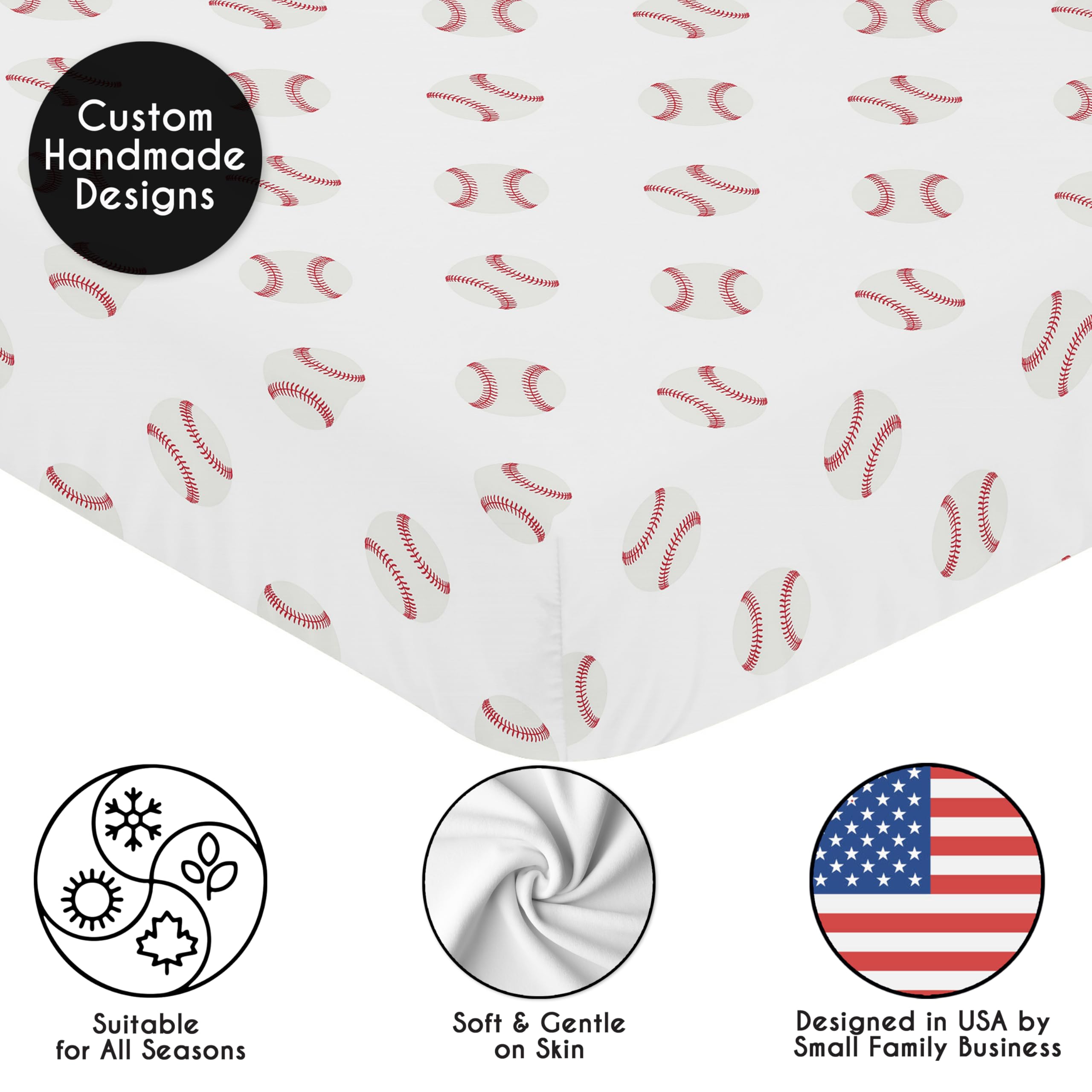 Sweet Jojo Designs 2-Piece Baby Crib Sheets Set (Red and White Baseballs) for Boys, Infant Nursery, Toddler Room - Fitted, Standard Size (Sport, Americana, Classic, Athlete, Sports Theme, Base Ball)