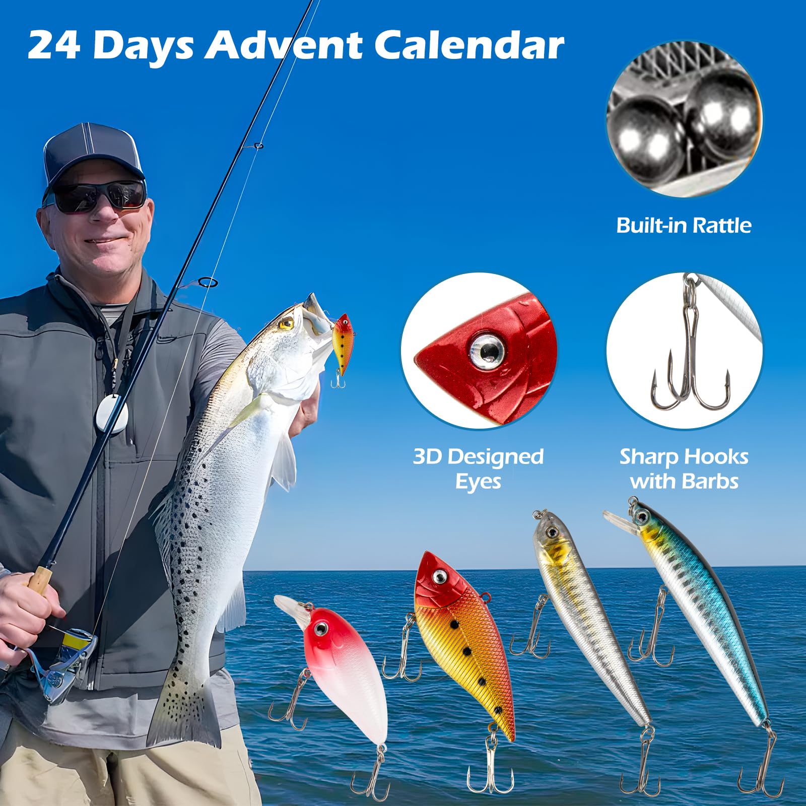 Fishing Lure Advent Calendar 2025 24 Days of Fishing Bait Christmas Advent Calendar 2025 Fishing Gift for Fishermen Adult Teen Boys Mystery Tackle Box Surprise Countdown