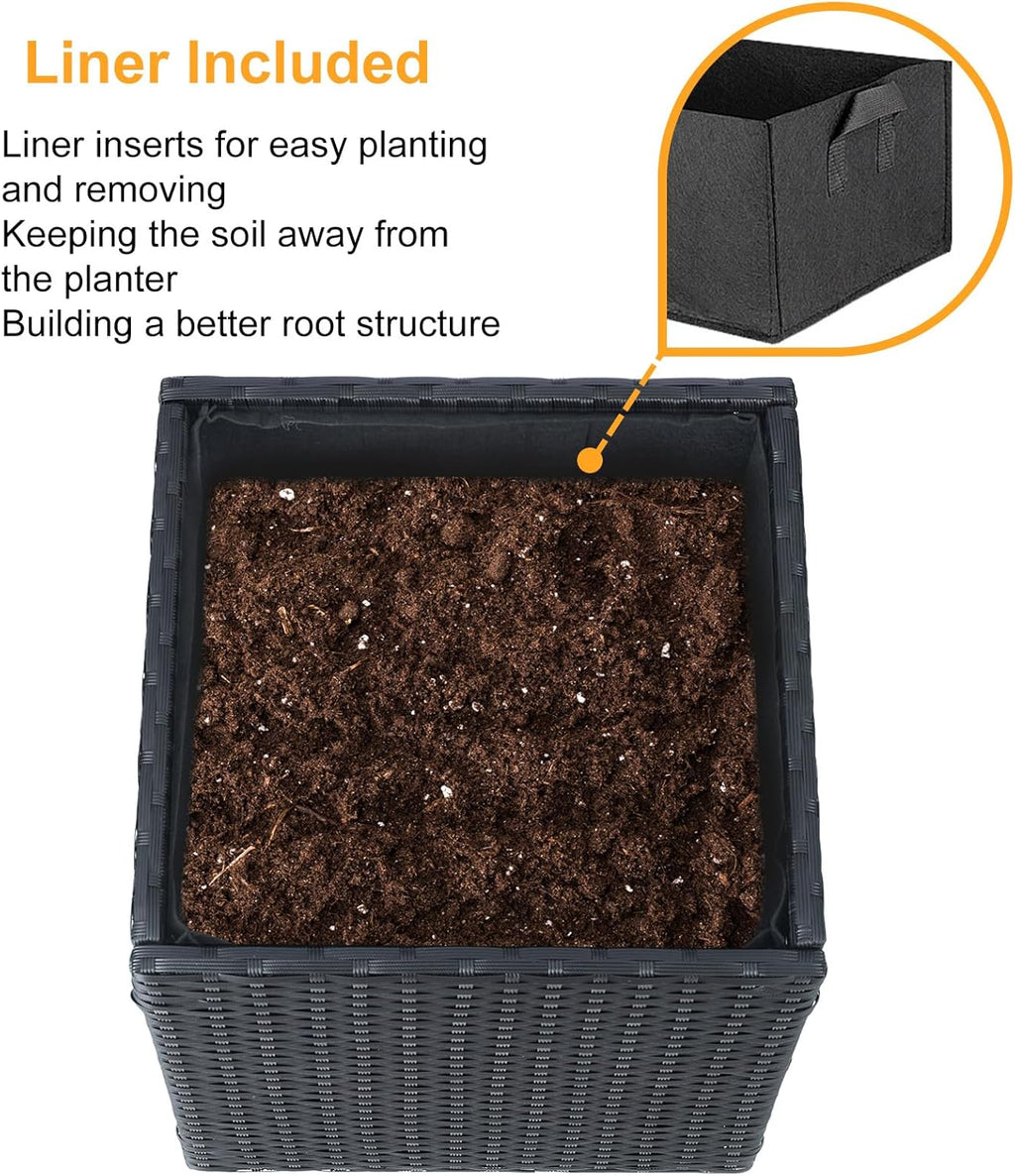 SUNNYPARK Large Square Planters - Set of 2 with Removable Liner for Indoor/Outdoor Use | All-Weather PE Rattan