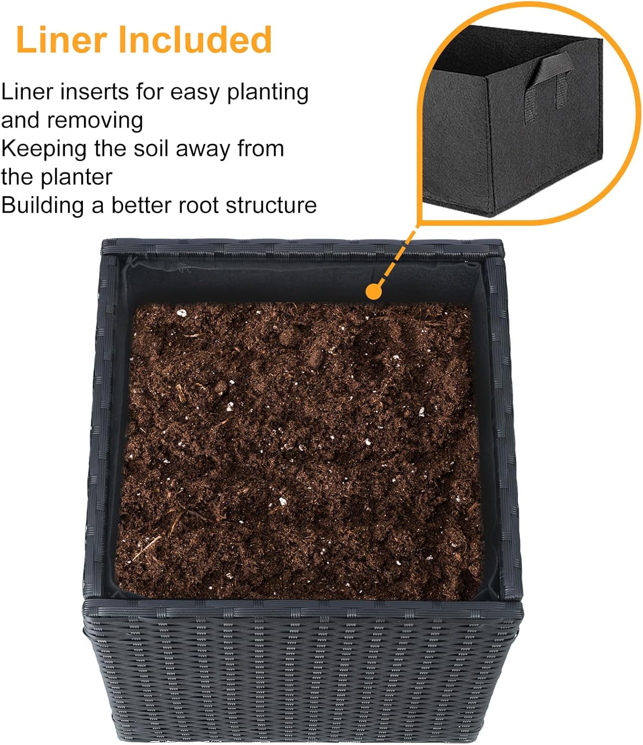 SUNNYPARK Large Square Planters - Set of 2 with Removable Liner for Indoor/Outdoor Use | All-Weather PE Rattan