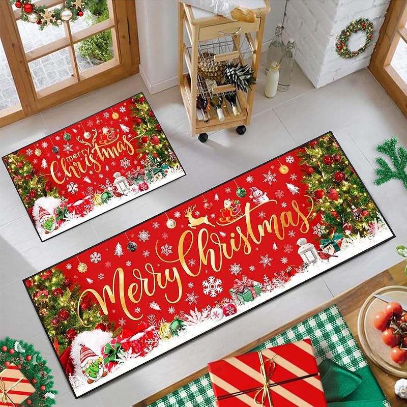 Merry Christmas Kitchen Rugs Set of 2, 17x47 and 17x30, Non-Slip Washable Mats for Christmas Decor