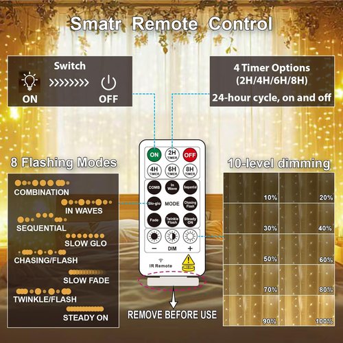 HXWEIYE 300LED Fairy Curtain Lights - 9.8x9.8Ft USB Plug-In with 8 Modes | Warm White Indoor Decor - 2 Pack