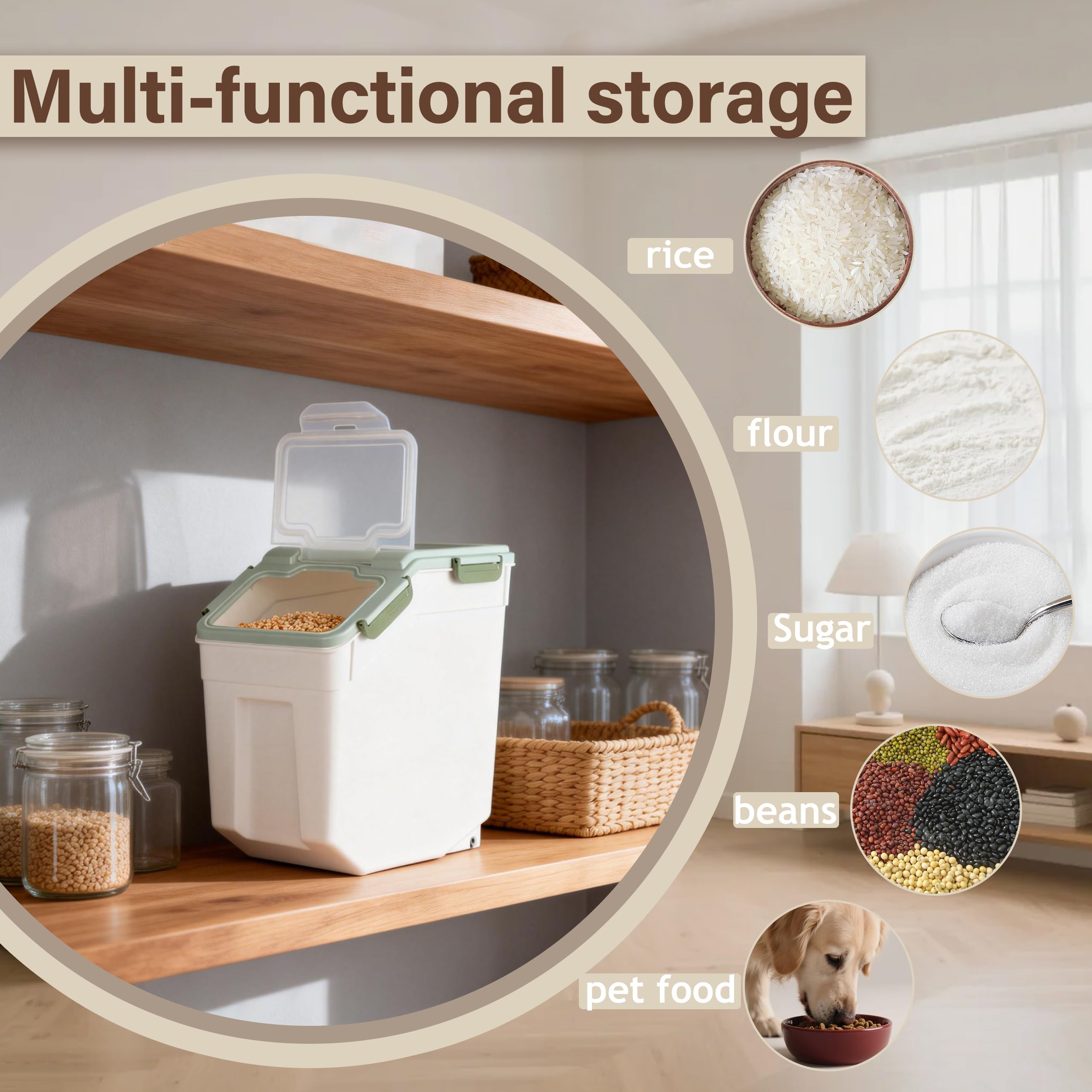 RUIAN Large Airtight Storage Container, 25lb Flour Rice Storage Containers Bin with Wheels Seal Locking Lid, with Measuring Cup&Scoop for Flour, Rice, Grain (Green, 2PCS)