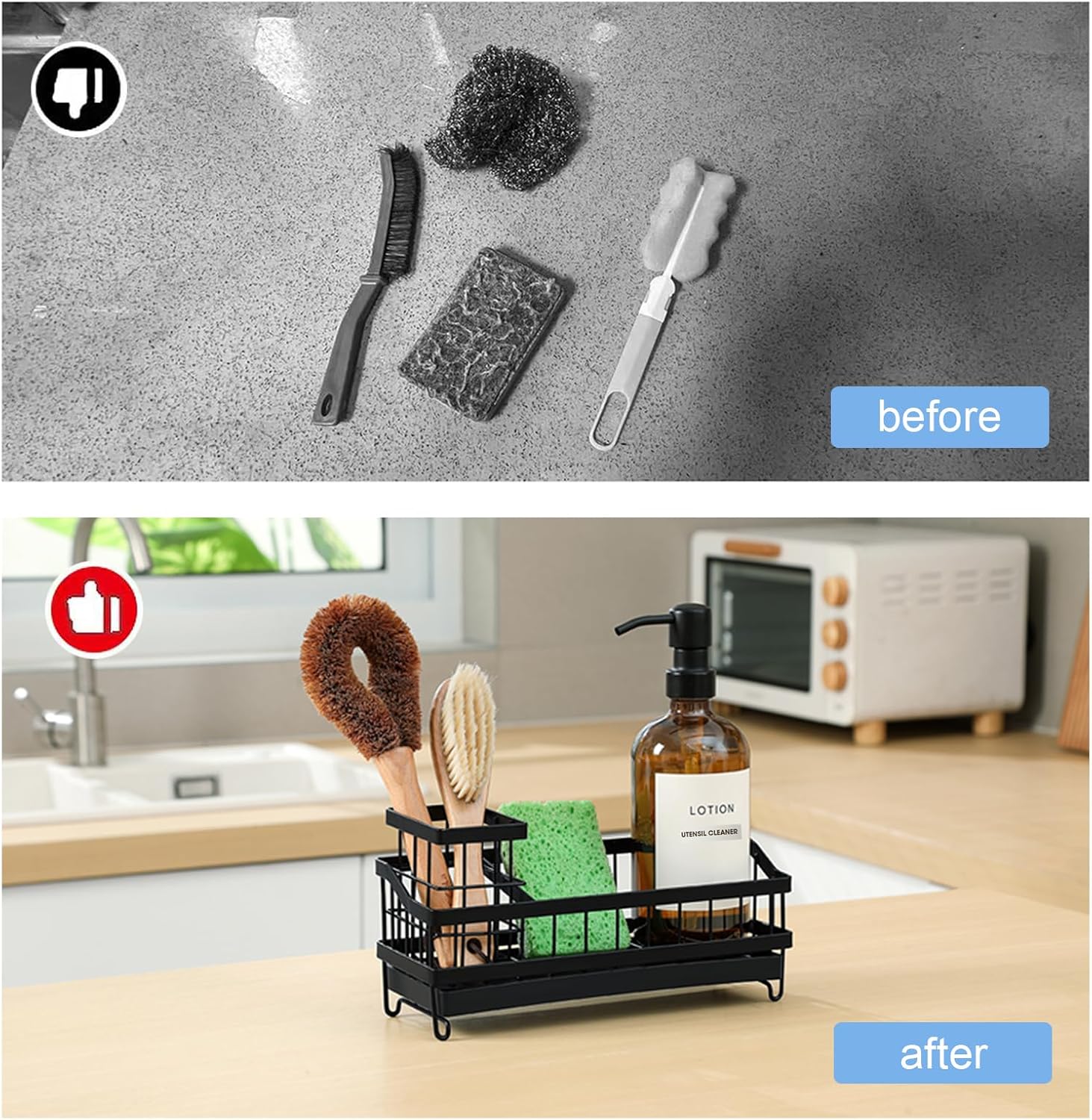 Skiennix Kitchen Sink Caddy - Rustproof High-Carbon Steel Sponge Holder with Brush & Soap Dispenser