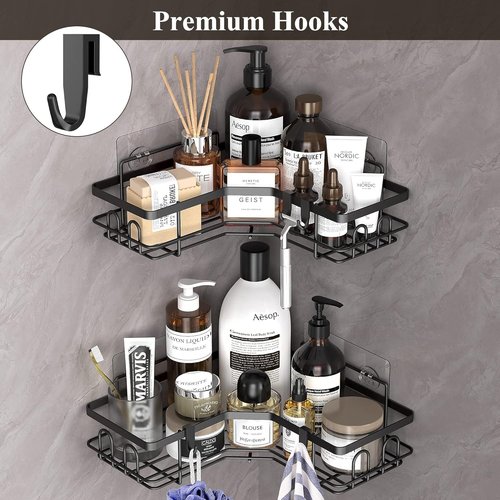 HuggieGems Corner Shower Caddy Organizer - 2 Pack Black Bathroom Shelves with Hooks for Storage